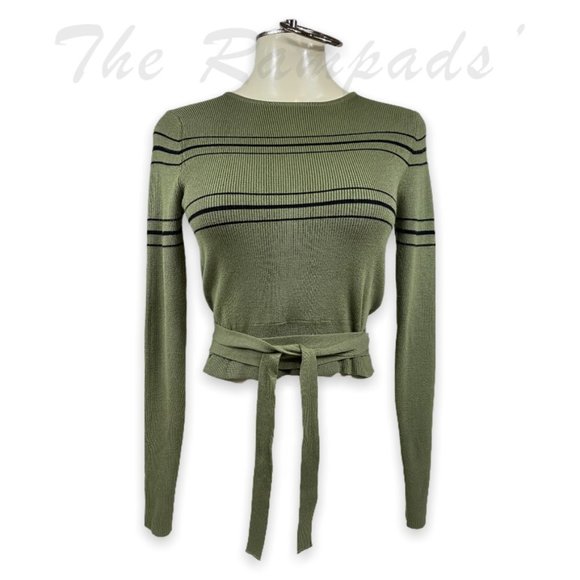 Zara Knit Olive Green with Black Wrap Tie Waist Top Size Small - Picture 2 of 10